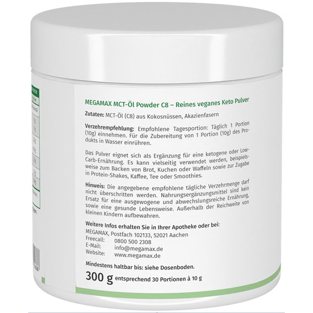 Weiße Dose mit MCT-Öl Pulver C8, vegan, keto. Enthält 300g.