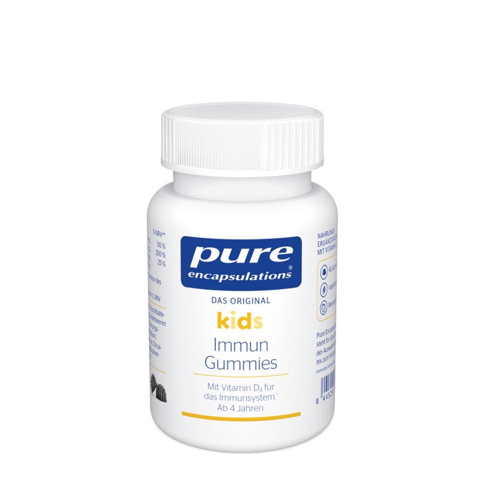 Weiße Flasche mit blauem Etikett. Aufschrift: pure encapsulations® kids Immun Gummies. Mit Vitamin D, ab 4 Jahren.