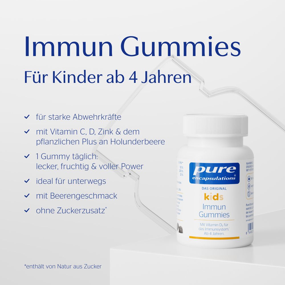 Produktflasche mit Text und Icons. Immun Gummies für Kinder ab 4 Jahren. Mit Vitamin C, D, Zink und Holunderbeere.