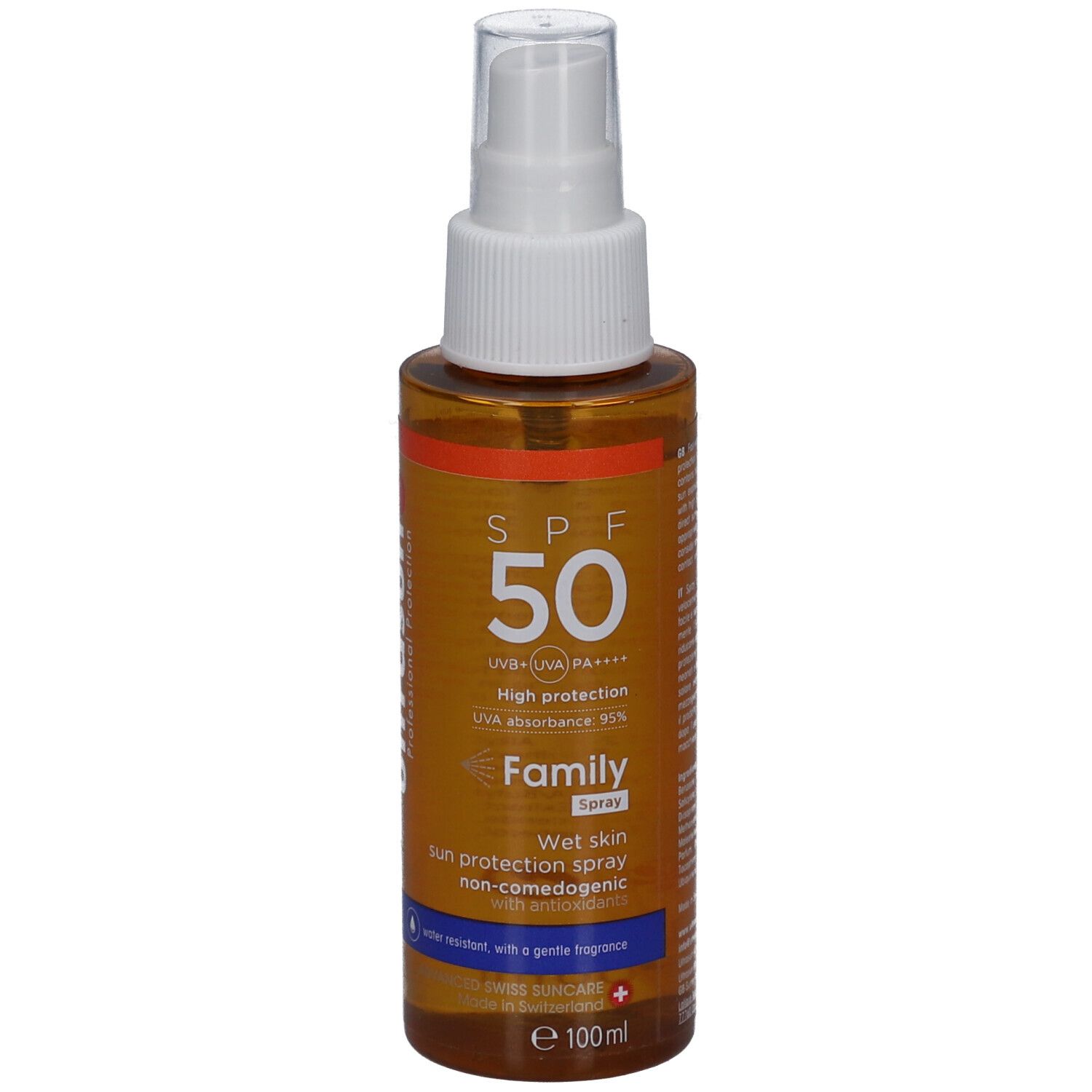 Sonnenschutzspray mit SPF 50. Braune Flasche mit weißem Sprühkopf. Text: SPF 50, Family, Wet Skin Spray.