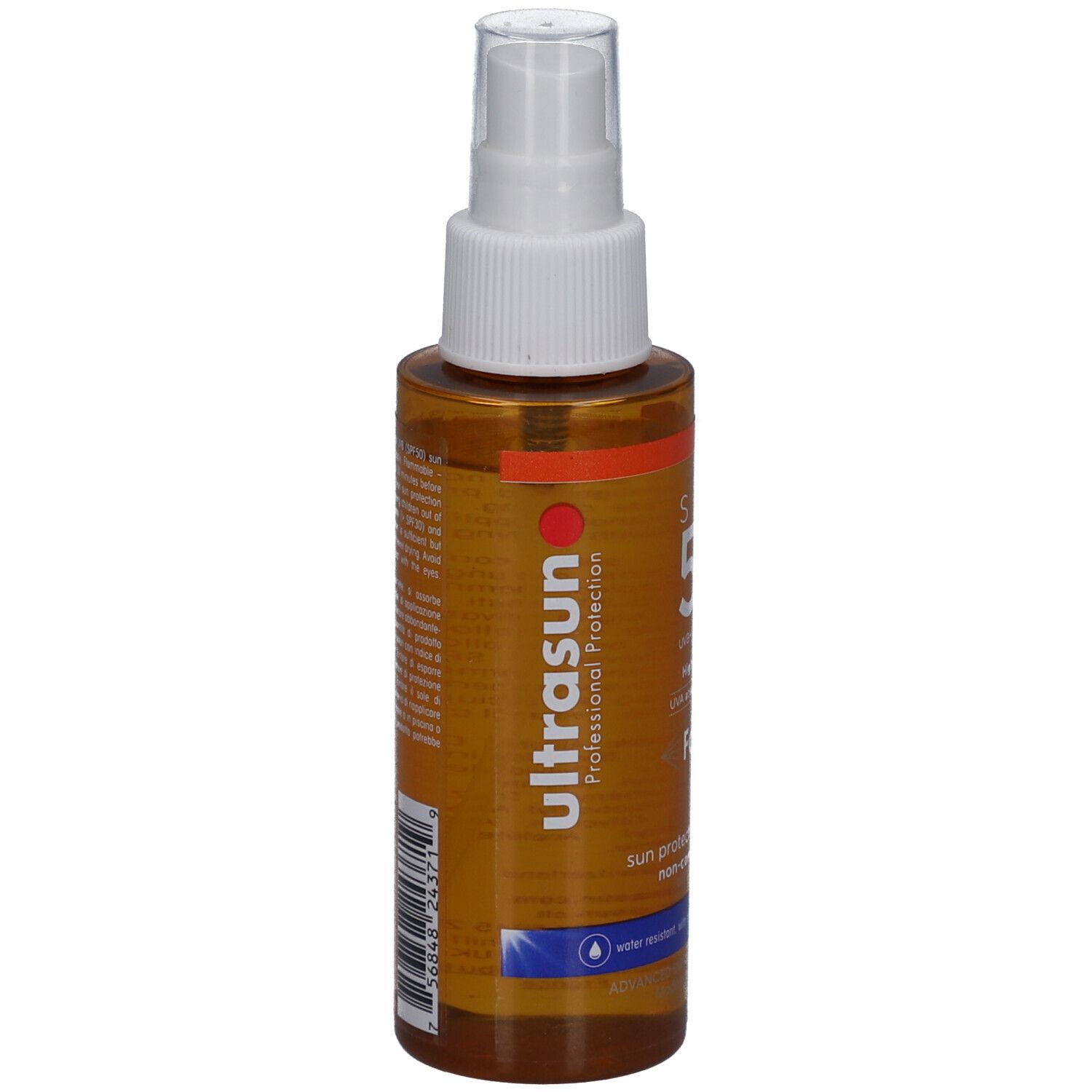 Sonnenschutzspray. Braune Flasche mit weißem Sprühkopf. Text: Ultrasun, Professional Protection, SPF 50.
