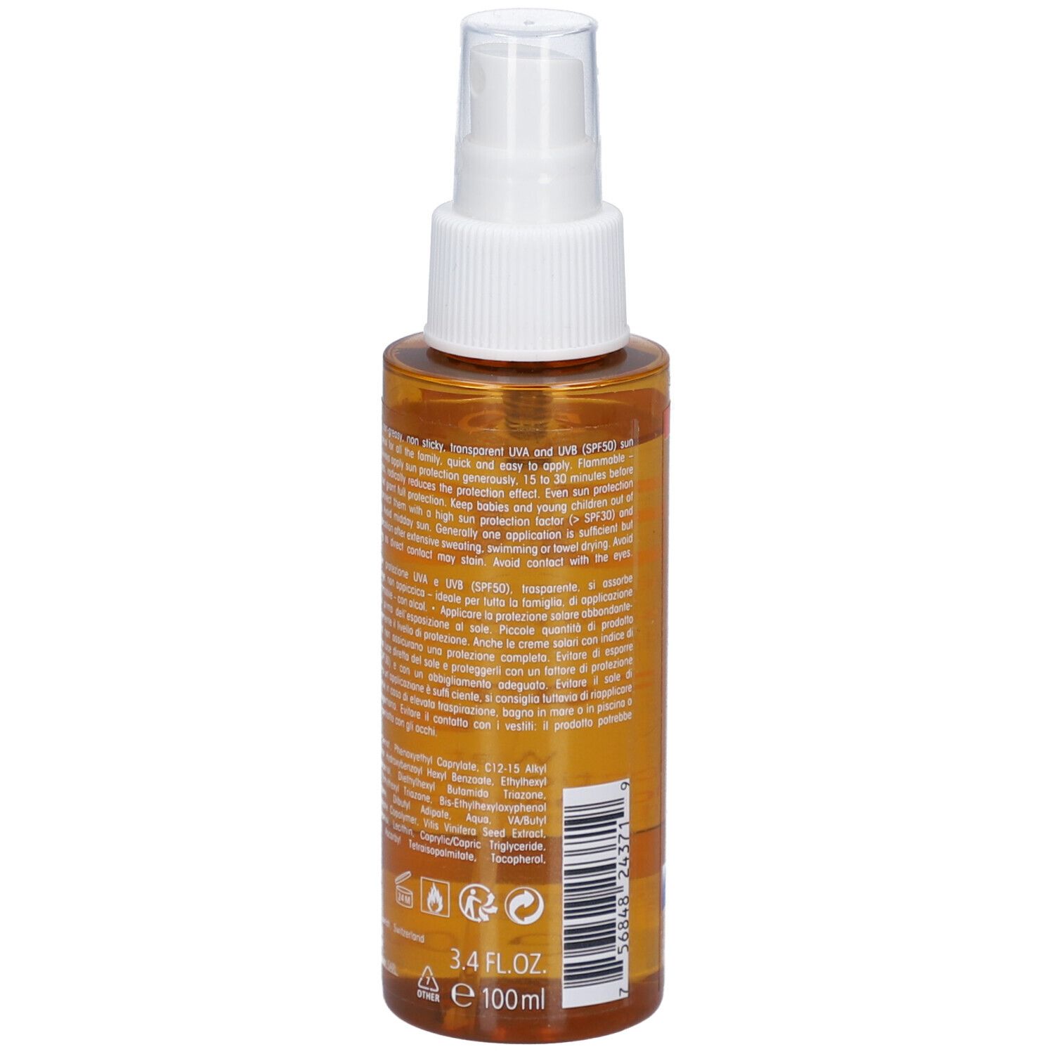 Rückseite des Sonnenschutzsprays. Braune Flasche mit weißem Sprühkopf. Text: 3.4 FL.OZ., e 100ml.