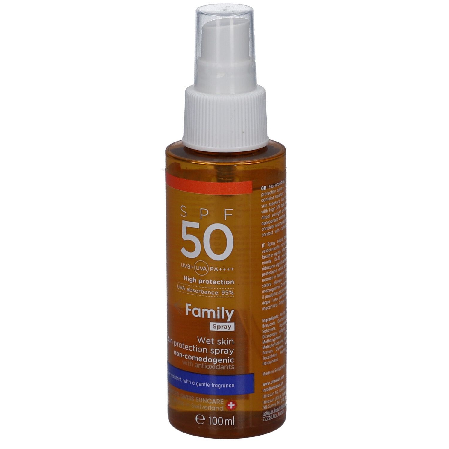 Sonnenschutzspray mit SPF 50. Braune Flasche mit weißem Sprühkopf. Text: SPF 50, Family, Wet Skin Spray.