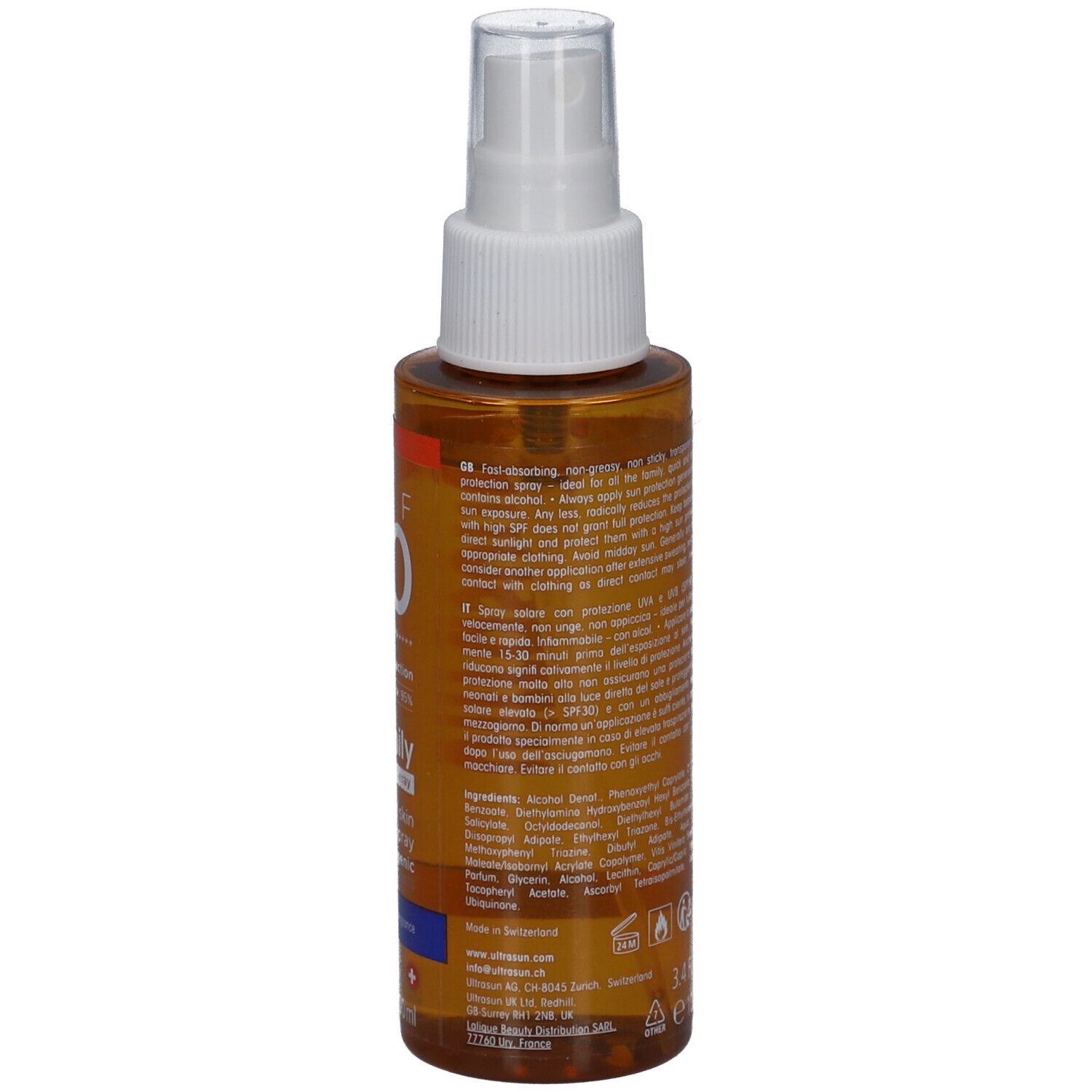 Rückseite des Sonnenschutzsprays. Braune Flasche mit weißem Sprühkopf. Text auf Italienisch und Englisch.