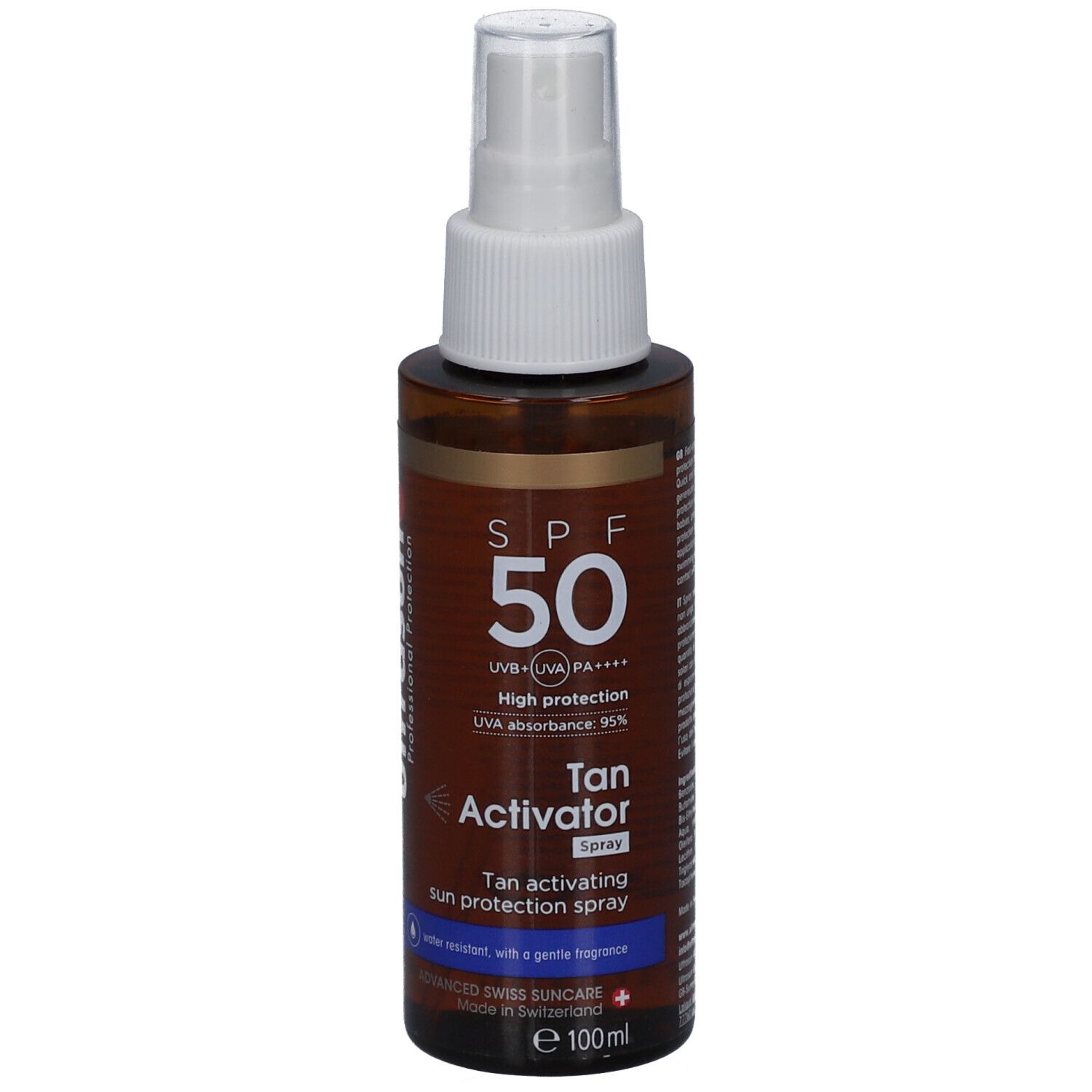 Braune Sprühflasche mit weißem Sprühkopf. Aufschrift: SPF 50, Tan Activator Spray. Enthält UVA/UVB-Schutz.