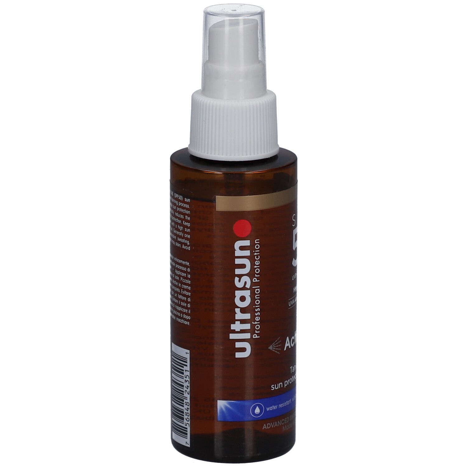 Braune Sprühflasche mit weißem Sprühkopf. Aufschrift: Ultrasun Professional Protection. Enthält Informationen zur Anwendung.