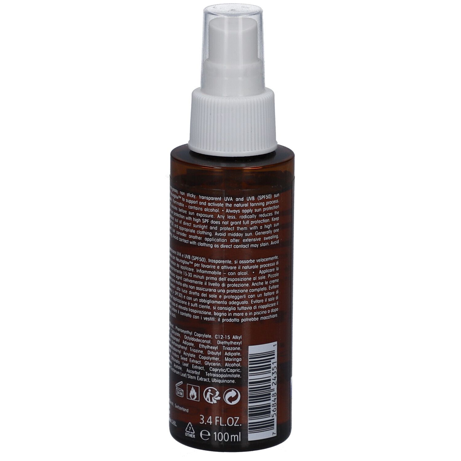 Braune Sprühflasche mit weißem Sprühkopf. Rückseite mit Text. Enthält Informationen über Inhaltsstoffe und Anwendung.