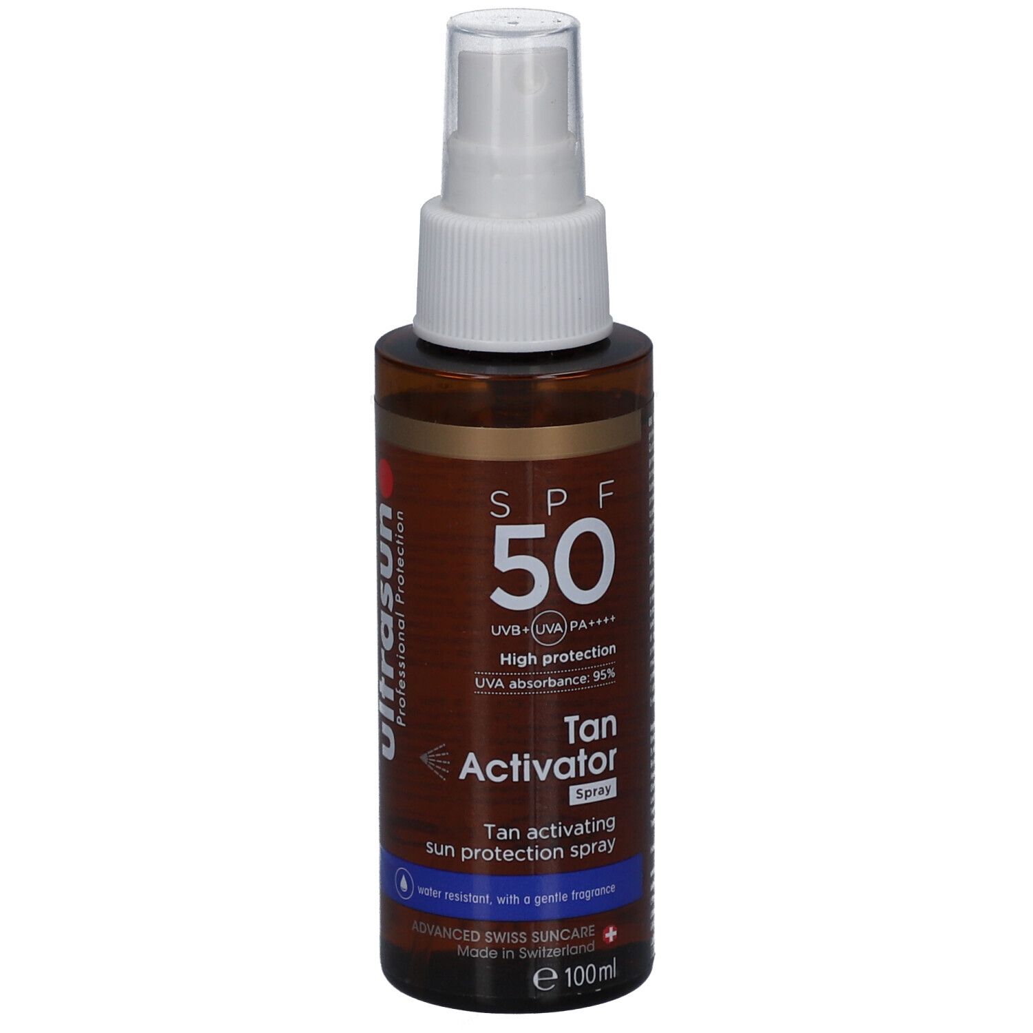 Braune Sprühflasche mit weißem Sprühkopf. Aufschrift: SPF 50, Tan Activator Spray. Enthält UVA/UVB-Schutz.