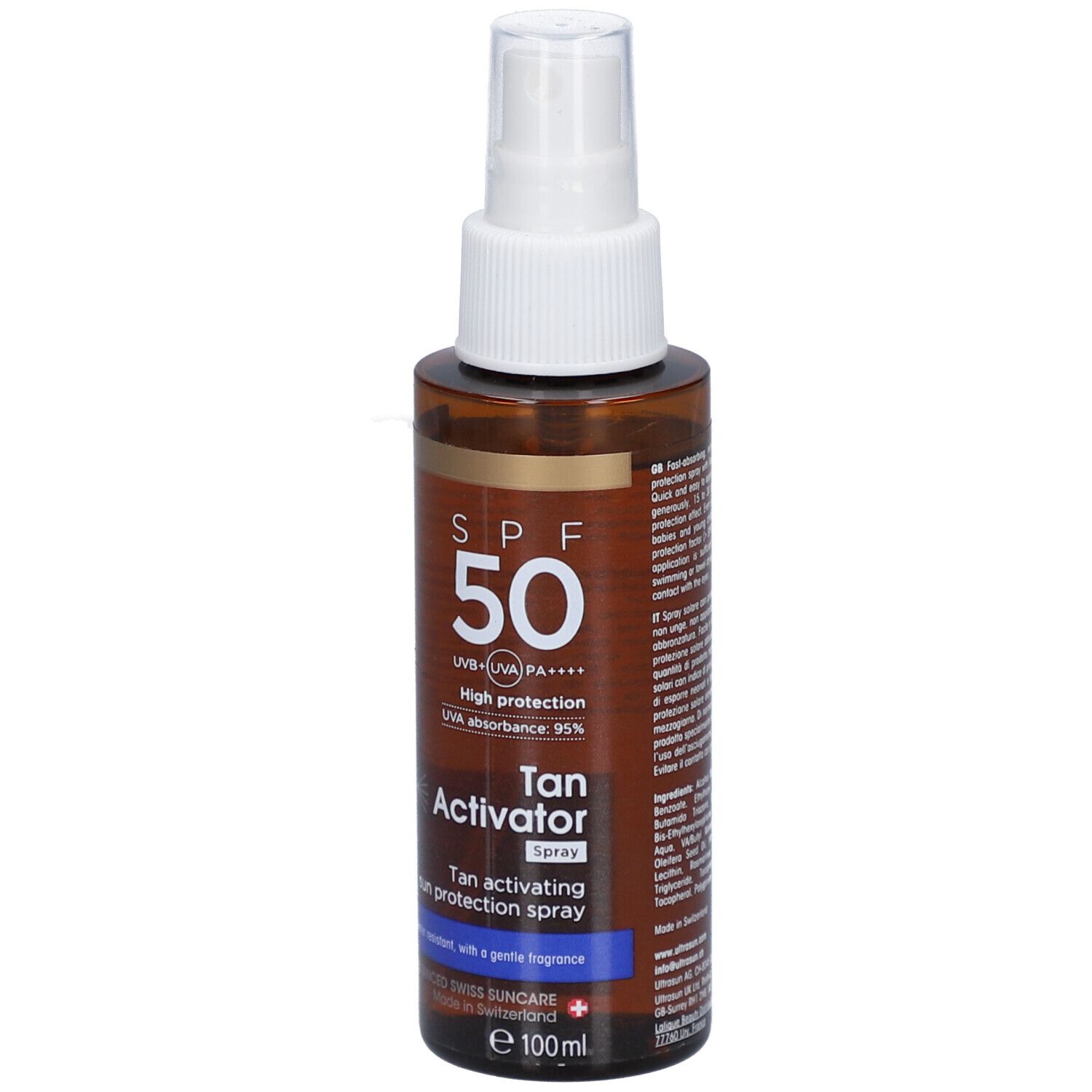 Braune Sprühflasche mit weißem Sprühkopf. Aufschrift: SPF 50, Tan Activator Spray. Enthält UVA/UVB-Schutz.