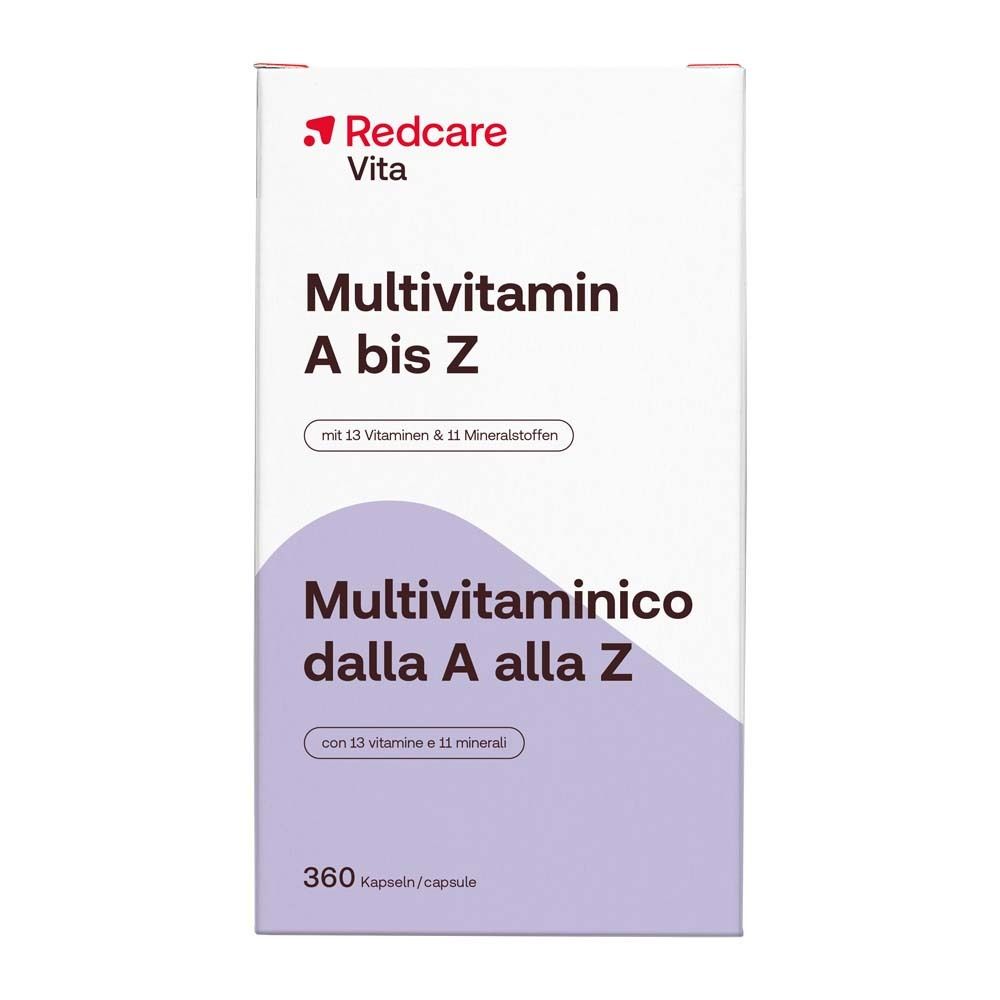 Boîte blanche avec "Redcare Vita Multivitamin A bis Z". Contient 360 gélules. Inscriptions en allemand et italien.