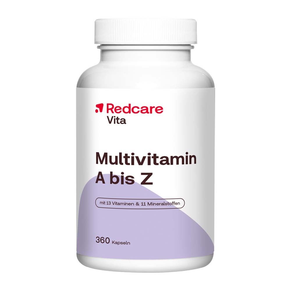 Flacon blanc avec "Redcare Vita Multivitamin A bis Z". Contient 360 gélules. Couvercle blanc.