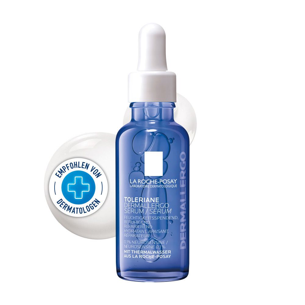 Flacon de sérum bleu avec pipette. Inscription : Toleriane Dermallergo Serum. Recommandé par les dermatologues.
