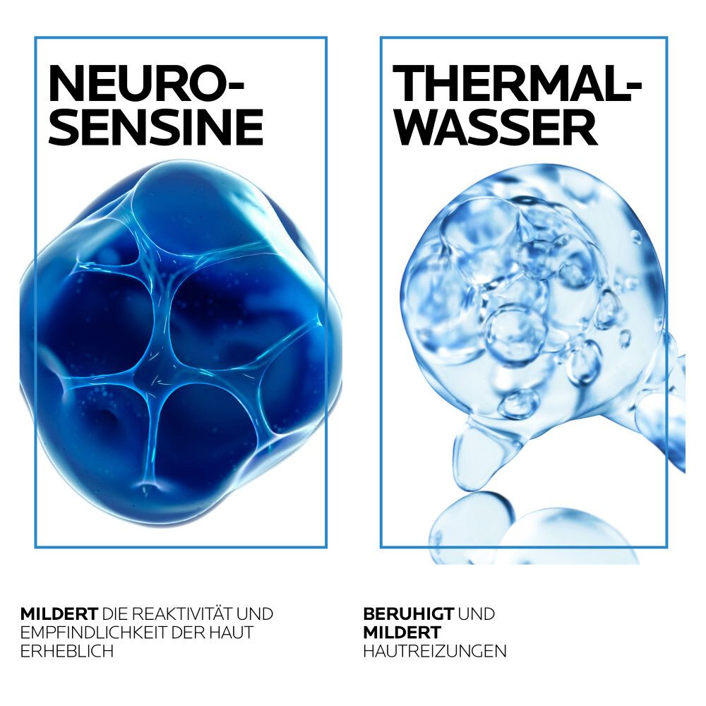 Graphique avec deux éléments : Neurosensine et eau thermale. Texte : Atténue la réactivité et la sensibilité, apaise les irritations.
