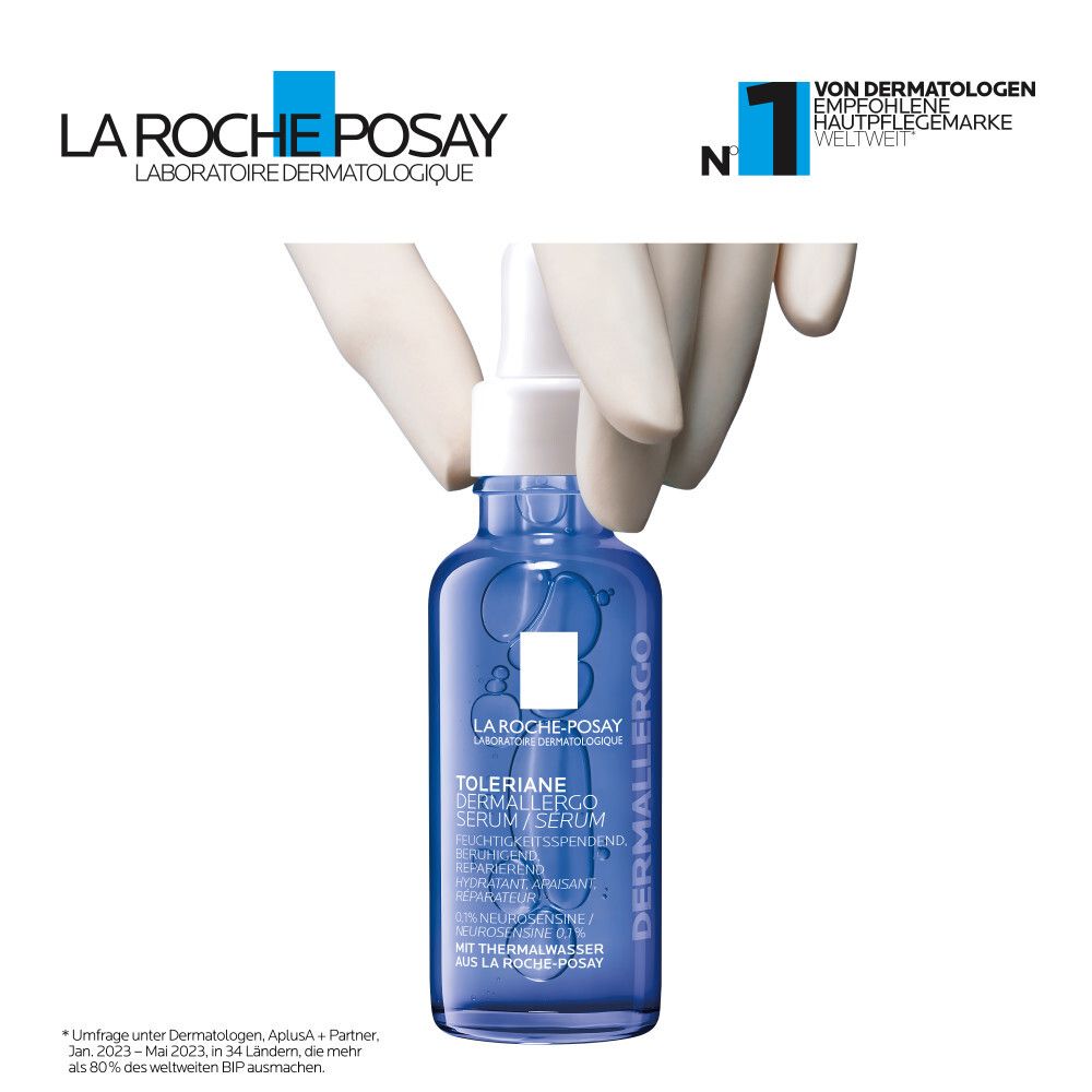 Personne tenant un flacon de sérum. Inscription : Toleriane Dermallergo Serum. Logo La Roche-Posay. Recommandé par les dermatologues.