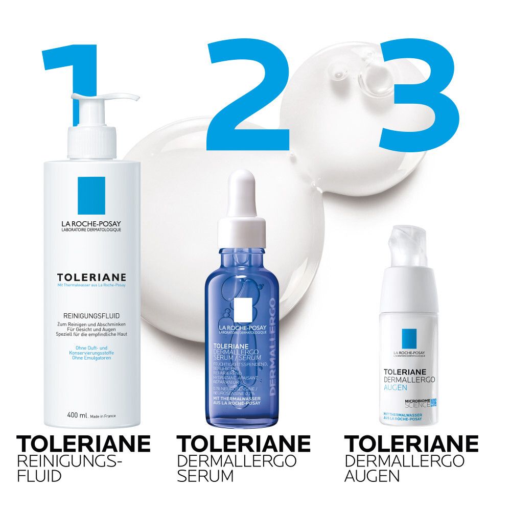 Trois produits : Fluide nettoyant, Sérum Dermallergo, Yeux Dermallergo. Inscription : Toleriane. Logo La Roche-Posay.