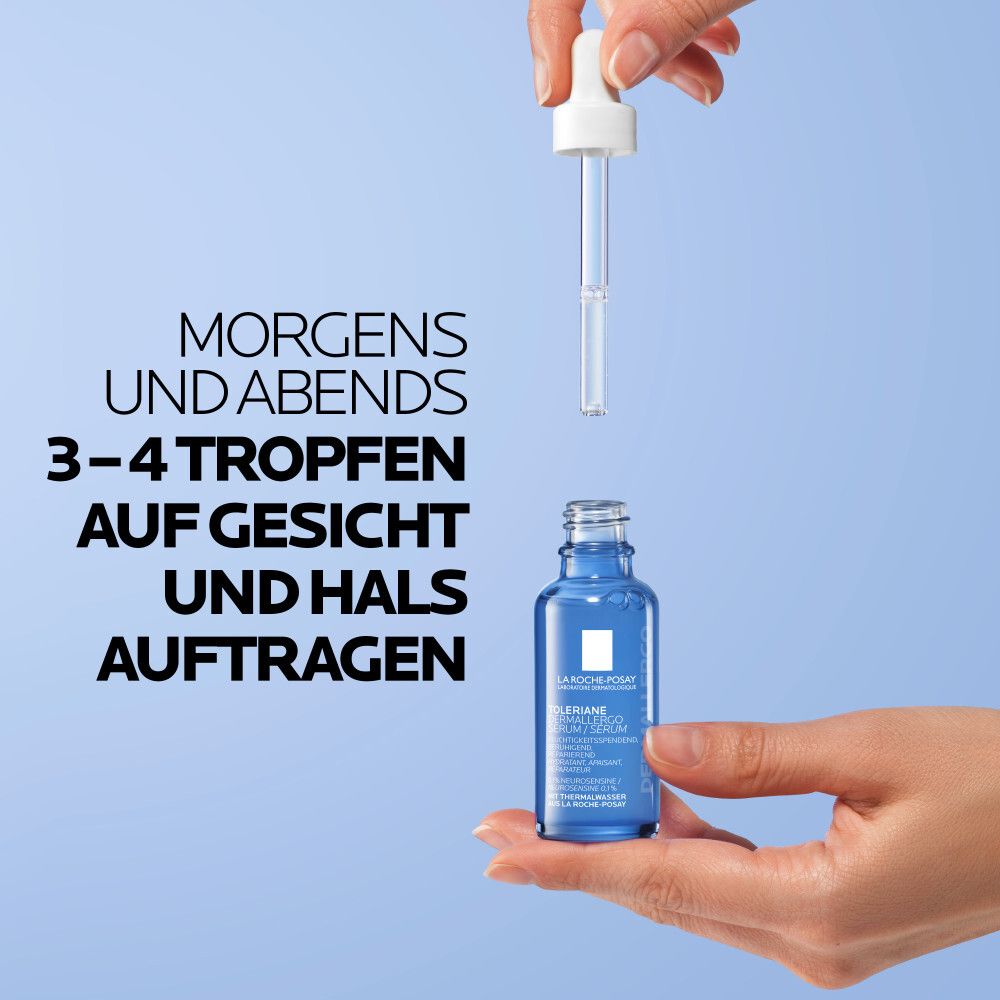 Mains tenant un flacon de sérum et une pipette. Texte : Appliquer 3-4 gouttes matin et soir sur le visage et le cou.
