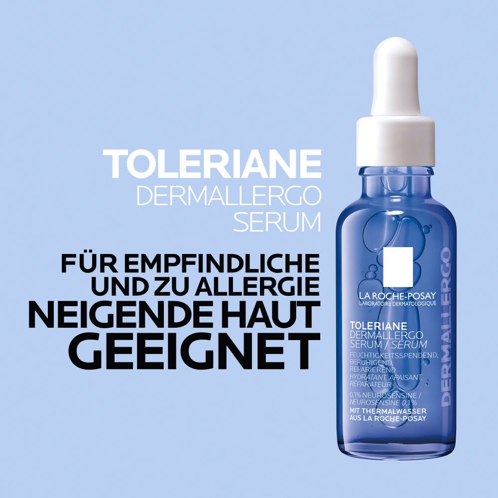 Flacon de sérum. Inscription : Toleriane Dermallergo Serum. Convient aux peaux sensibles et sujettes aux allergies.
