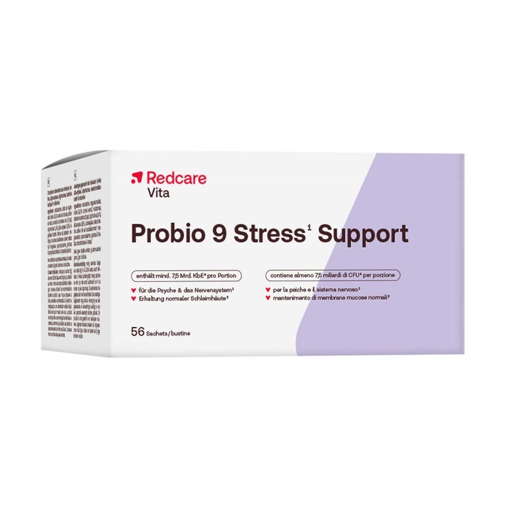Boîte de Redcare Vita Probio 9 Stress¹ Support. 56 sachets. Inscription: contient au moins 7,5 Mrd. UFC par portion.