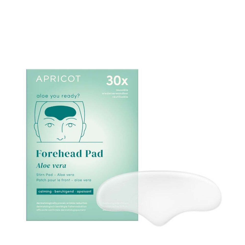 Verpackung mit Stirn Pad. Marke APRICOT. Text: Forehead Pad Aloe vera. 30x. Wiederverwendbar. Beruhigend.