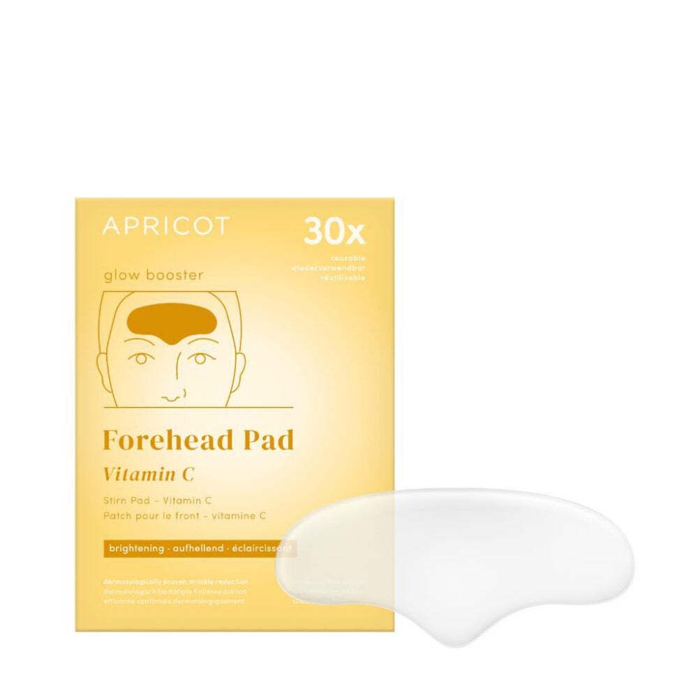 Stirn Pad mit Vitamin C. Verpackung und Pad. Gelb-weiße Verpackung, Pad daneben. Text: APRICOT, Forehead Pad, 30x.