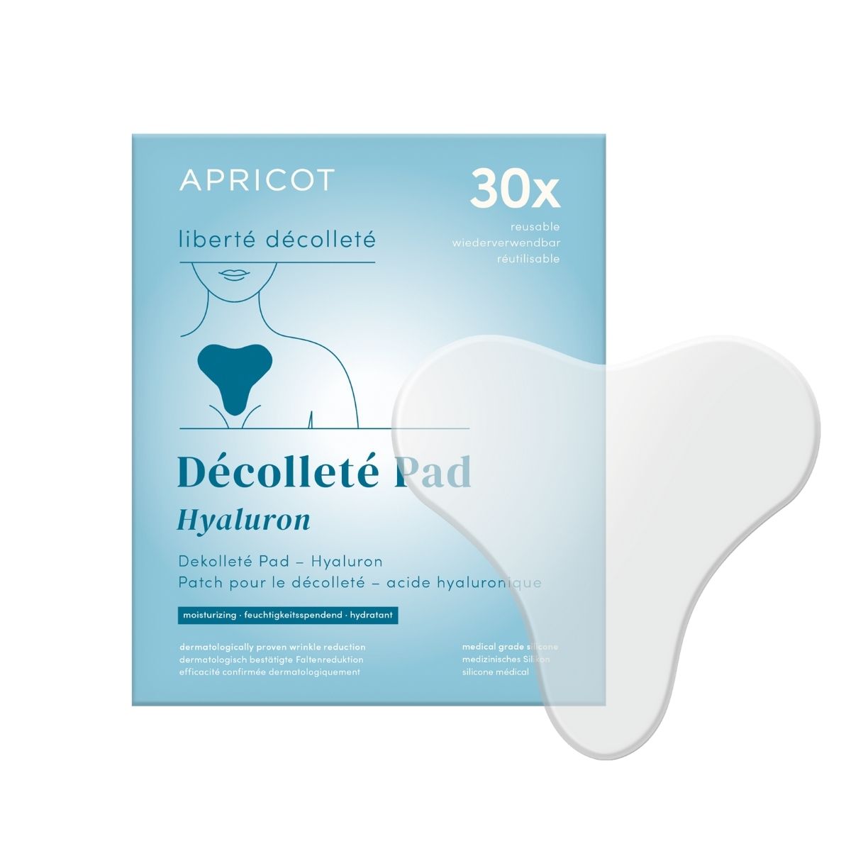 Verpackung und ein weißes Dekolleté-Pad mit Hyaluron.