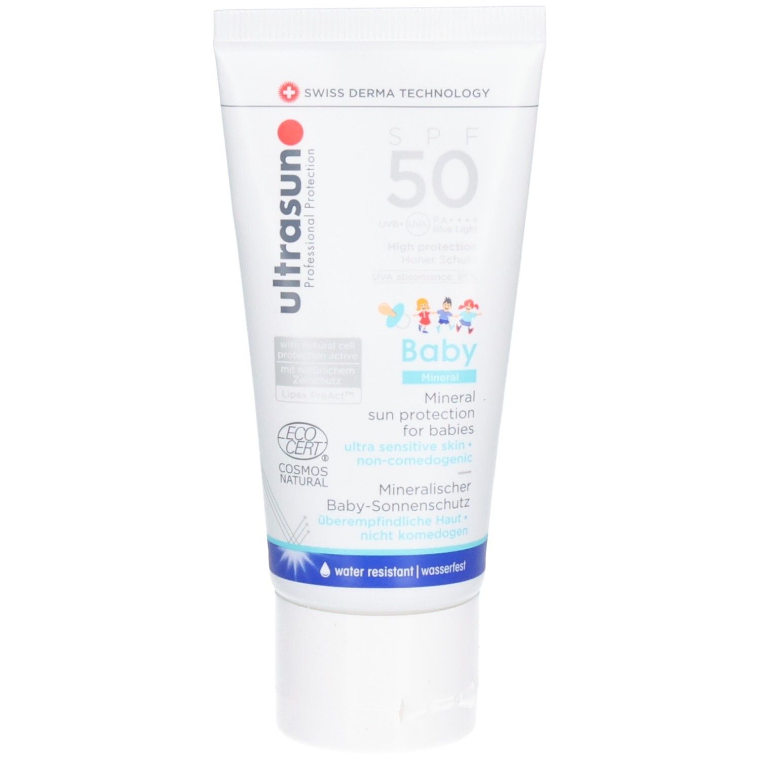 Tube blanc avec SPF 50. Inscription: ultrasun, Baby, Mineral, protection solaire. Certification COSMOS NATURAL.