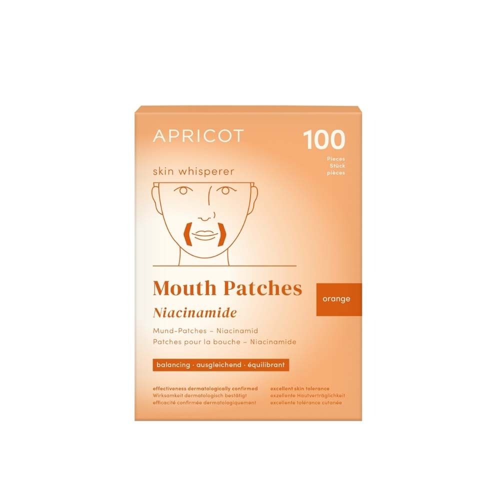 Eine orangefarbene Schachtel mit Produktinformationen. Aufdruck: APRICOT, Mouth Patches Niacinamid, 100 Stück.