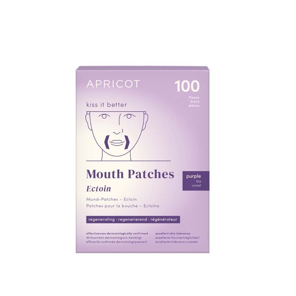 APRICOT Mund Patches mit Ectoin. Lila Verpackung mit 100 Patches. Aufschrift: Mouth Patches Ectoin.