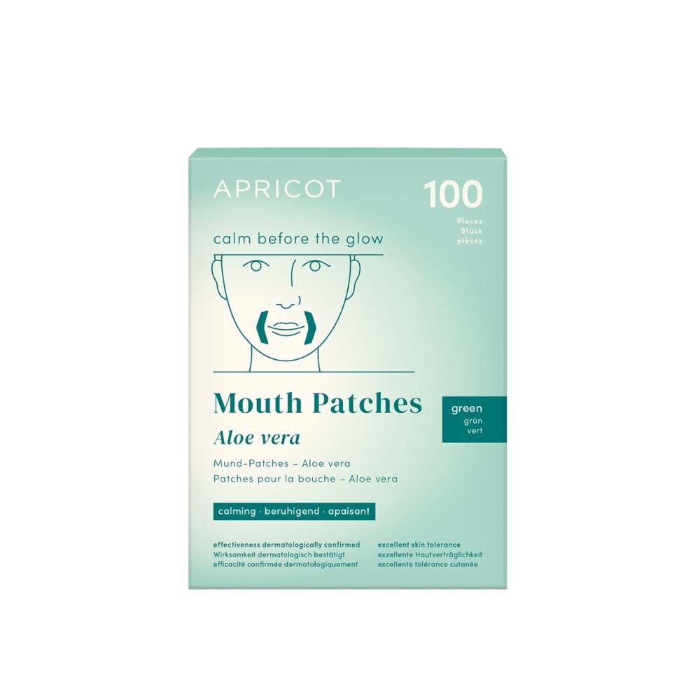 Verpackung mit APRICOT Mund-Patches mit Aloe Vera. 100 Stück. Grün. Aufdruck: Mouth Patches, Aloe Vera.