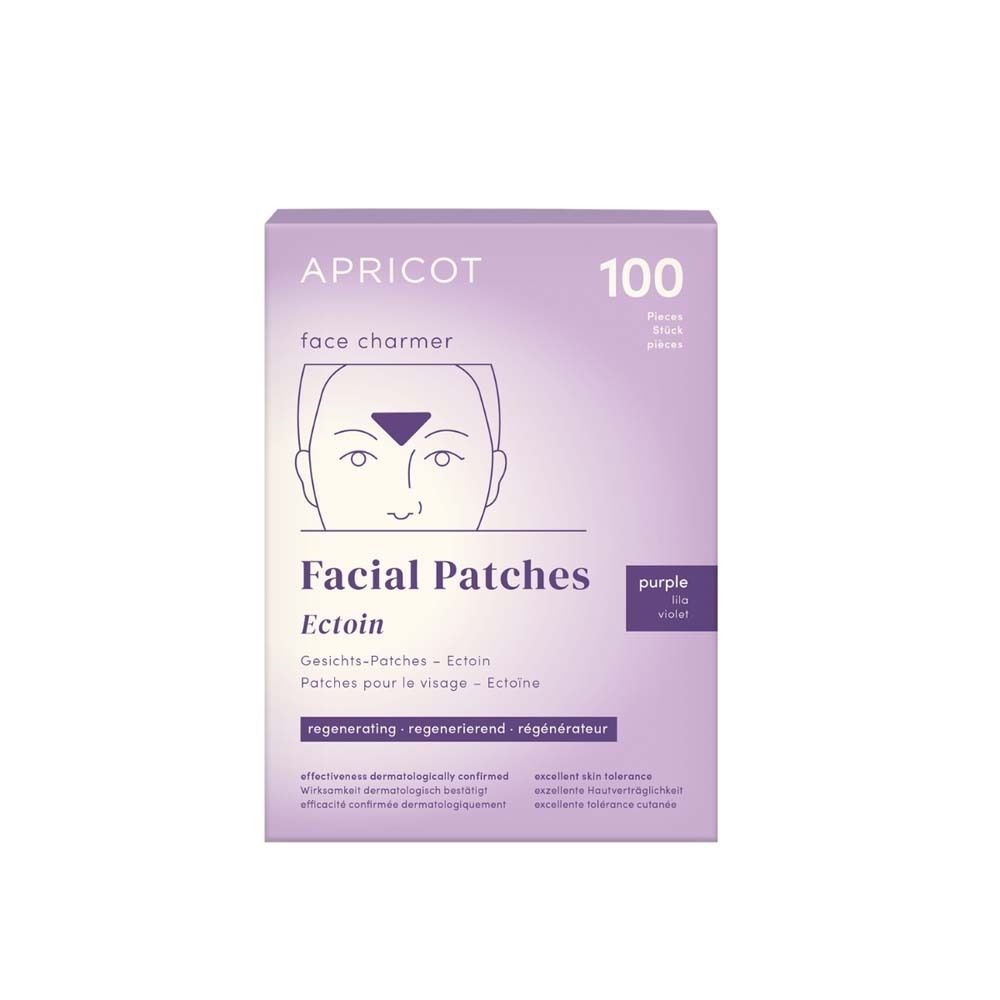 Boîte de 100 patchs faciaux APRICOT avec Ectoin. Emballage violet avec nom et description du produit.