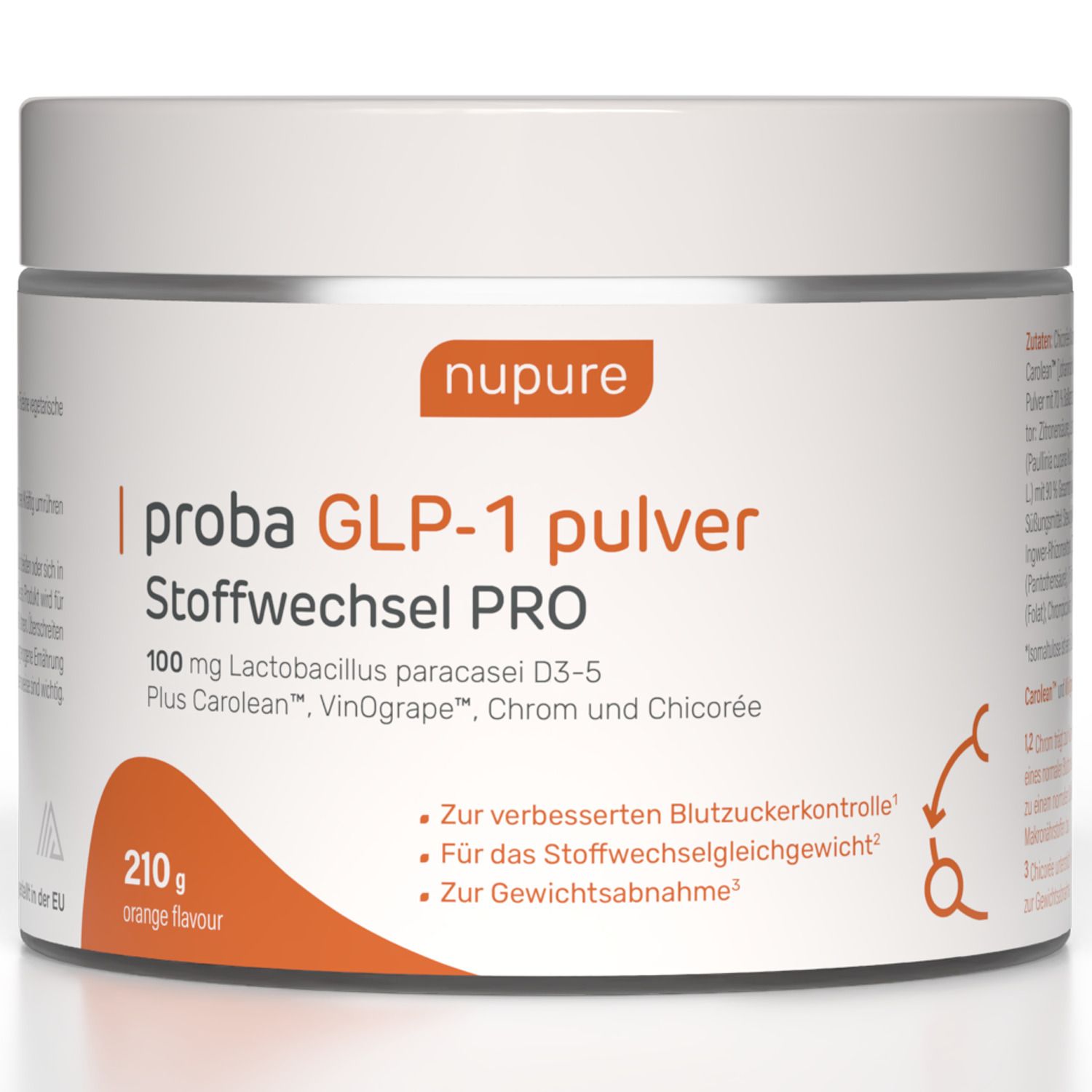 Récipient blanc avec impression du produit. Zone orange avec nom et ingrédients du produit. Marque : nupure.