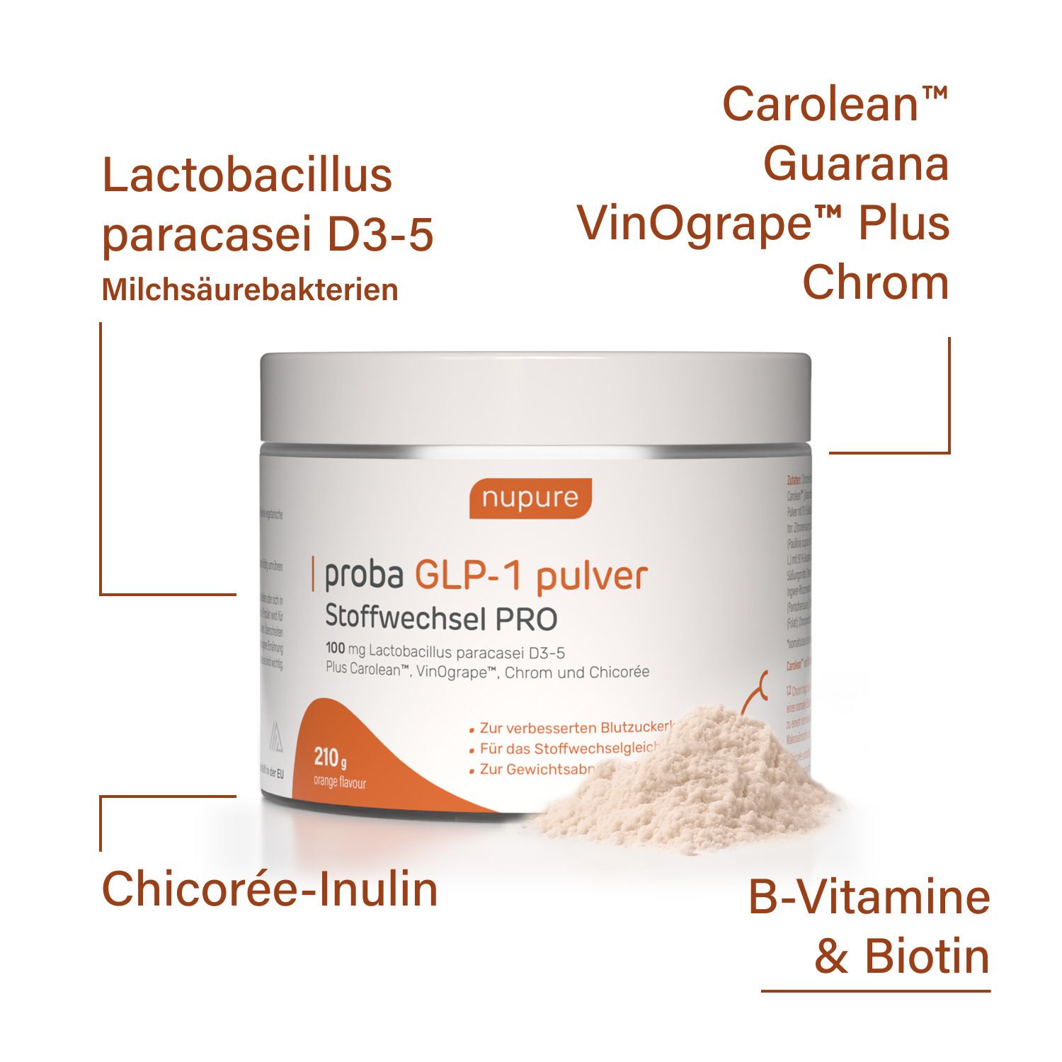 Récipient de produit avec ingrédients. Texte avec ingrédients tels que Lactobacillus paracasei D3-5, Carolean, VinOgrape, Chrome, Inuline de chicorée.