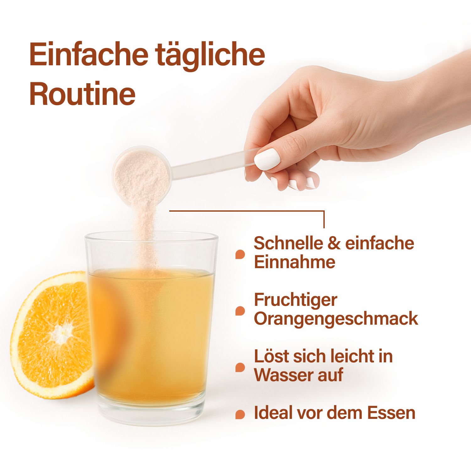 Main versant de la poudre dans un verre de liquide. Texte : prise rapide, goût fruité d'orange, se dissout facilement, idéal avant le repas.
