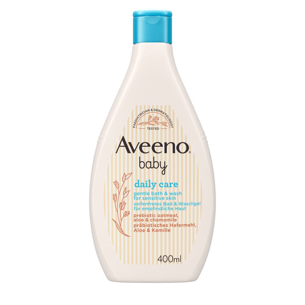 Aveeno Baby Daily Care Waschgel. Flasche mit blauem Deckel. 400ml. Für empfindliche Haut. Dermatologisch getestet.