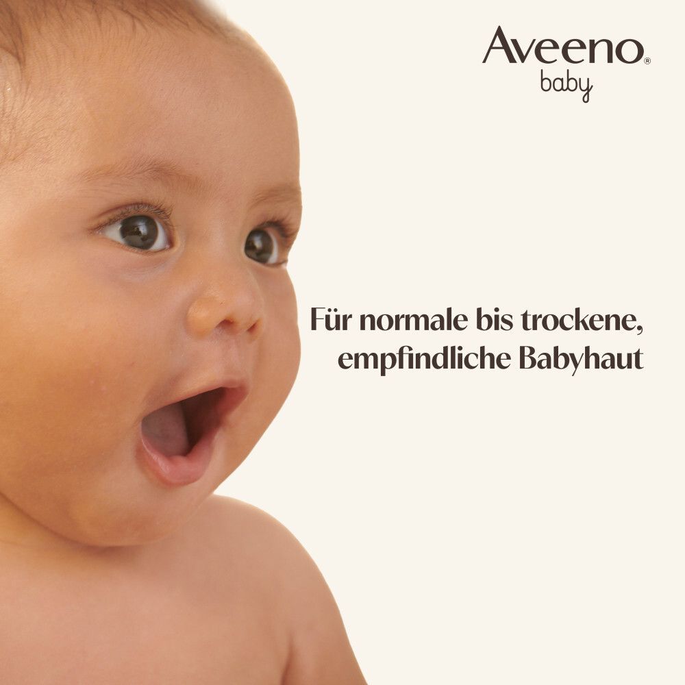 Baby mit offenem Mund. Text: Für normale bis trockene, empfindliche Babyhaut. Aveeno Baby Logo.