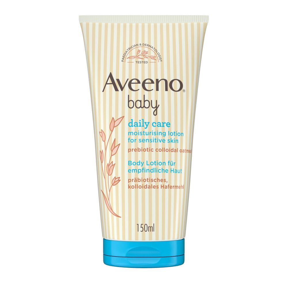 Tube de lotion Aveeno Baby Daily Care. Bouchon bleu. Inscription: Daily Care, pour peaux sensibles.