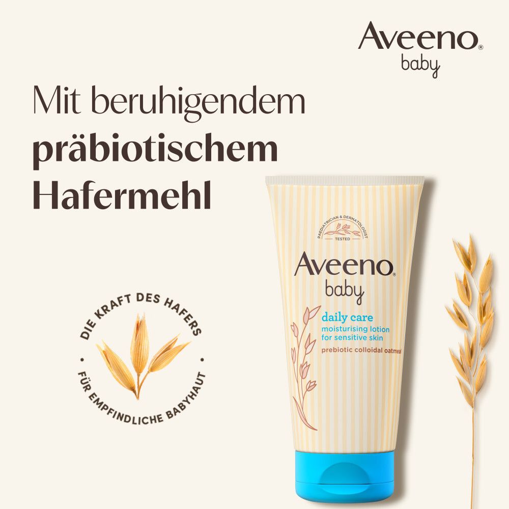 Lotion Aveeno Baby avec farine d'avoine. Texte: Avec avoine prébiotique apaisante. Logo et épis d'avoine.