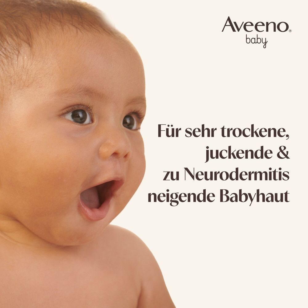Baby mit offenem Mund. Text: Für sehr trockene, juckende & zu Neurodermitis neigende Babyhaut. Aveeno Baby.