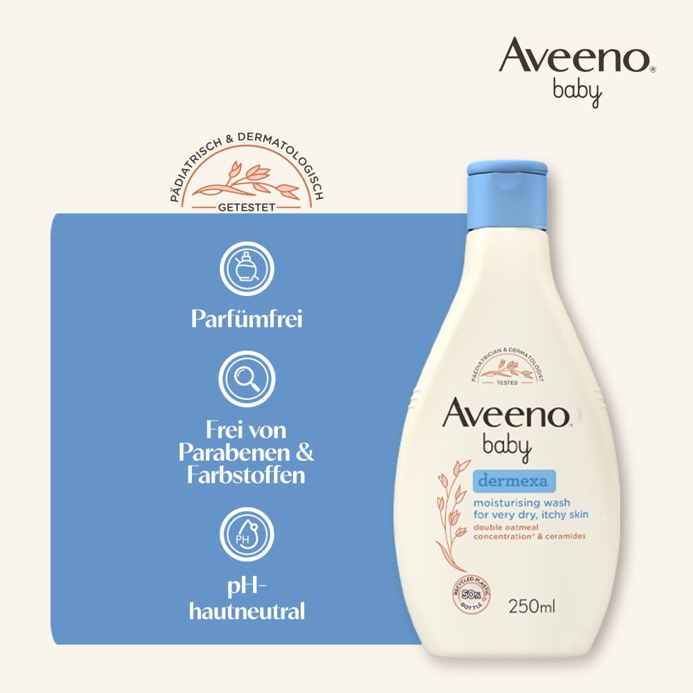 Aveeno Baby Dermexa Duschcreme. Text: Parfumfrei, frei von Parabenen & Farbstoffen, pH-hautneutral, 250ml.