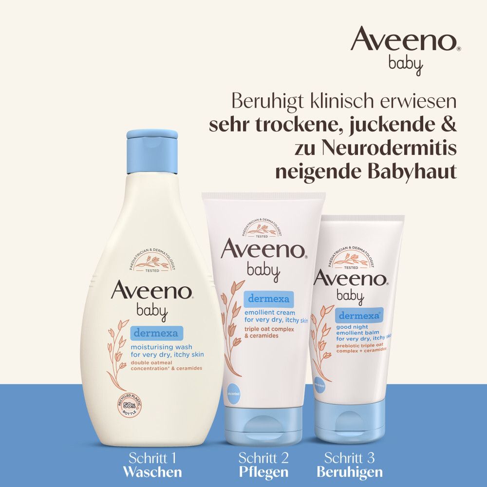 Aveeno Baby Dermexa Produkte. Text: Beruhigt klinisch erwiesen sehr trockene, juckende & zu Neurodermitis neigende Babyhaut.