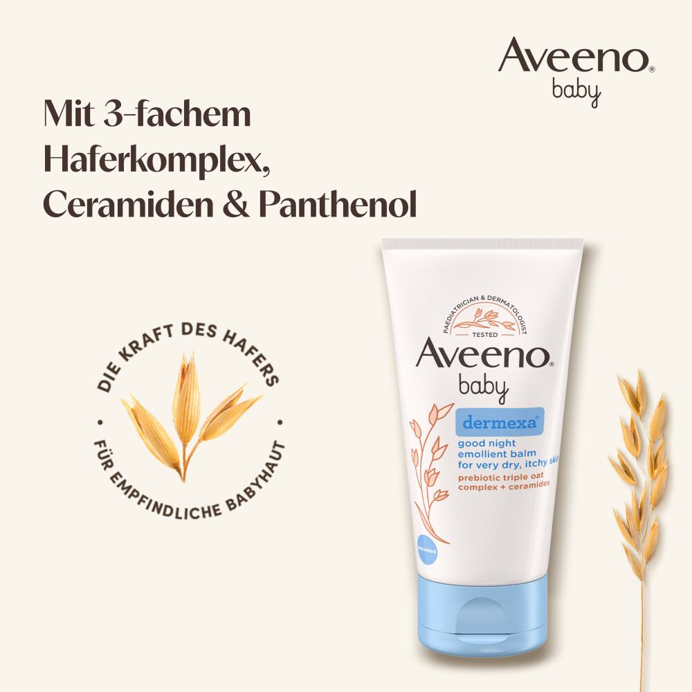 Aveeno Baby Dermexa Balsam. Tube mit blauem Deckel. Text: Mit 3-fachem Haferkomplex, Ceramiden & Panthenol.