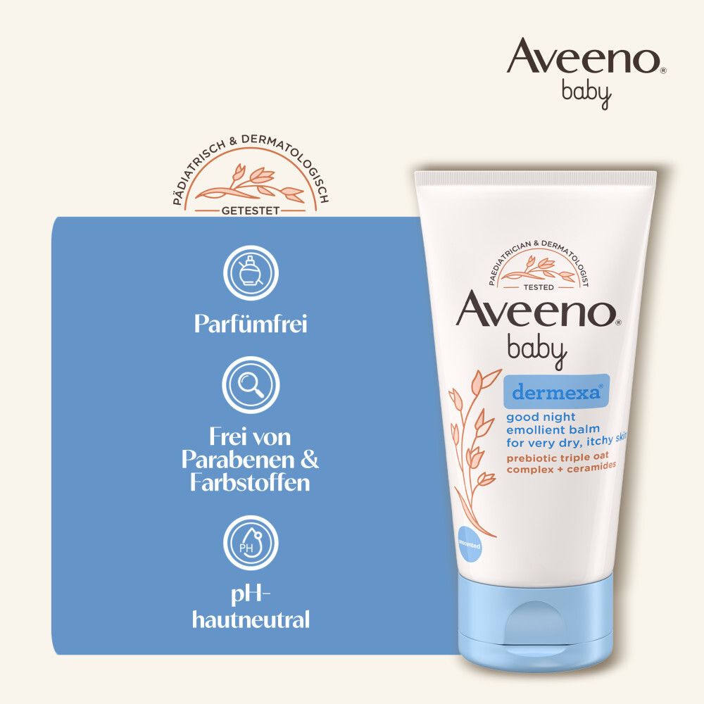 Aveeno Baby Dermexa Balsam. Tube mit blauem Deckel. Text: Parfumfrei, frei von Parabenen & Farbstoffen, pH-hautneutral.