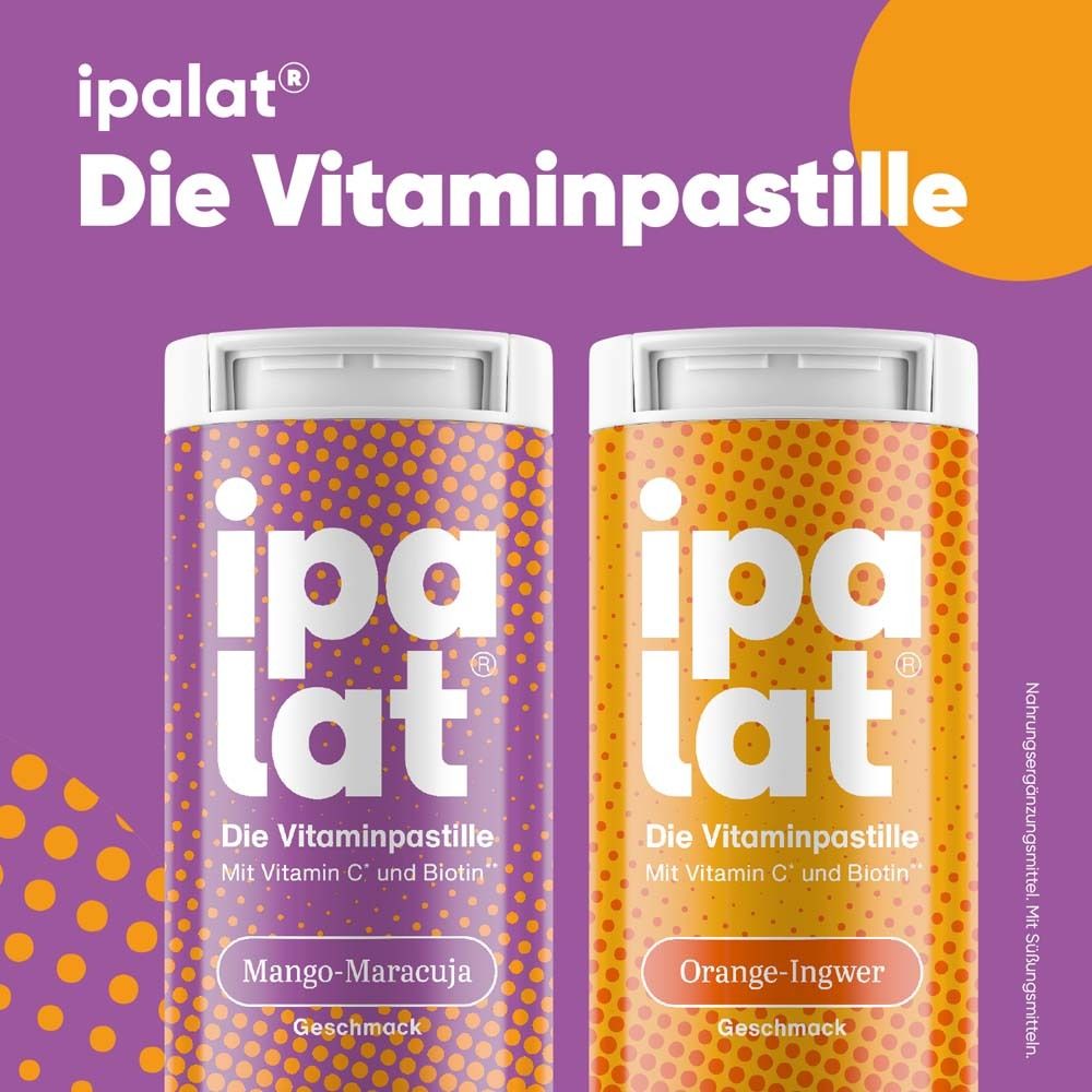 Zwei ipalat®-Zylinder: Mango-Maracuja und Orange-Ingwer. Aufdrucke: Vitaminpastille, Vitamin C und Biotin.