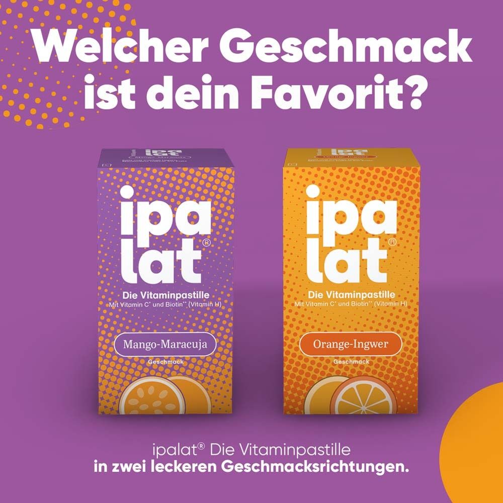Zwei ipalat®-Schachteln: Mango-Maracuja und Orange-Ingwer. Text: Welcher Geschmack ist dein Favorit?