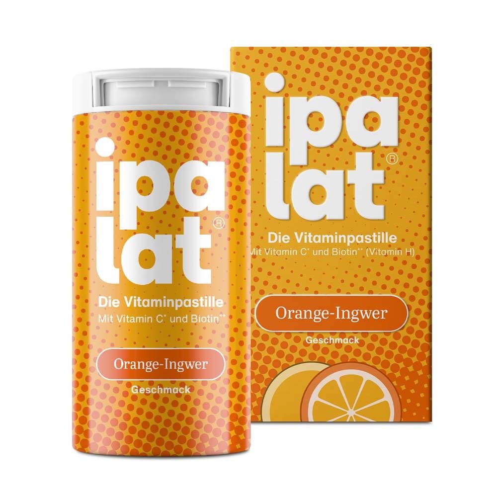 Deux emballages ipalat®. Une boîte et une boîte. Goût orange-gingembre. Pastille vitaminée.