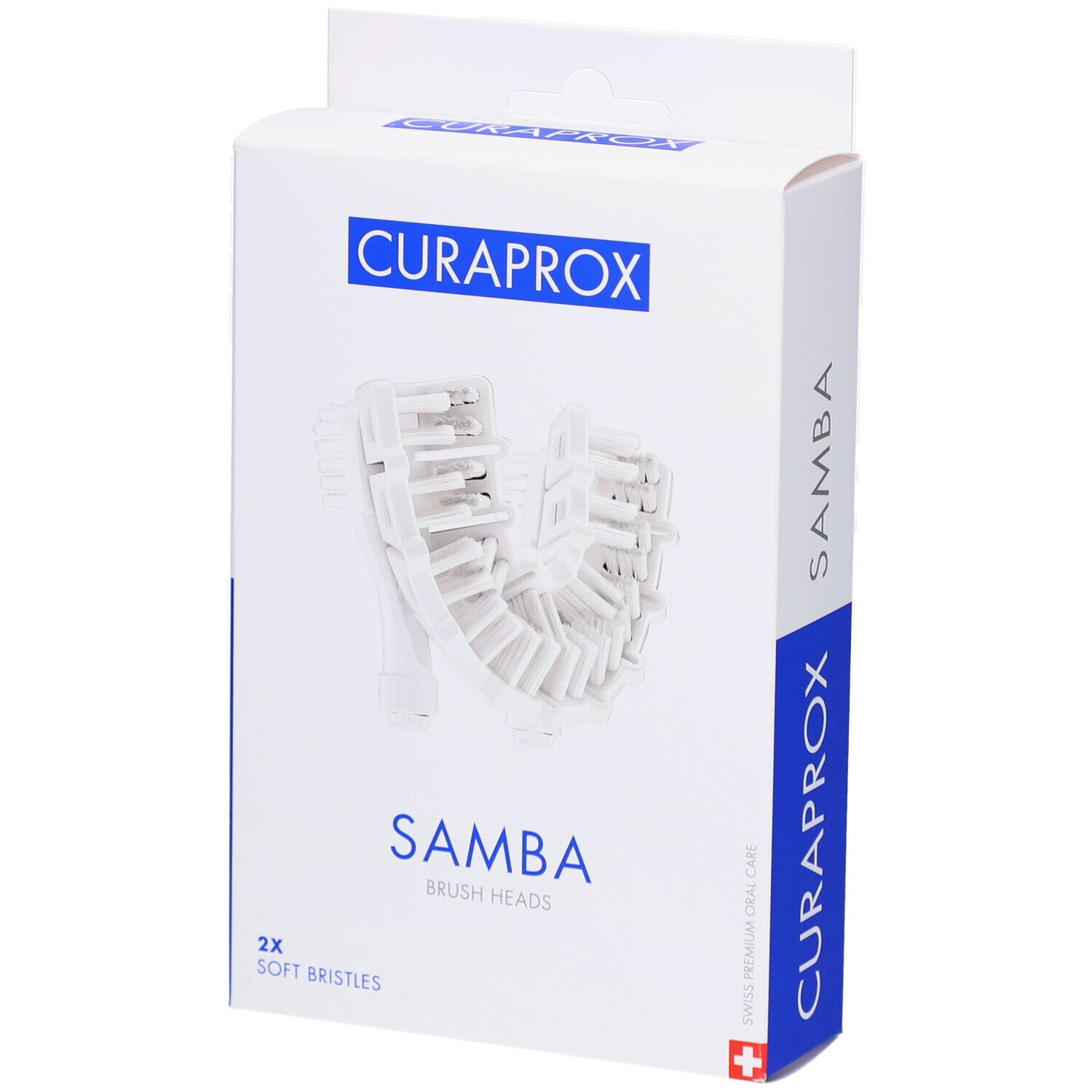 Verpackung mit Ersatzbürstenköpfen. Aufschrift: CURAPROX, SAMBA, 2x Soft Bristles.