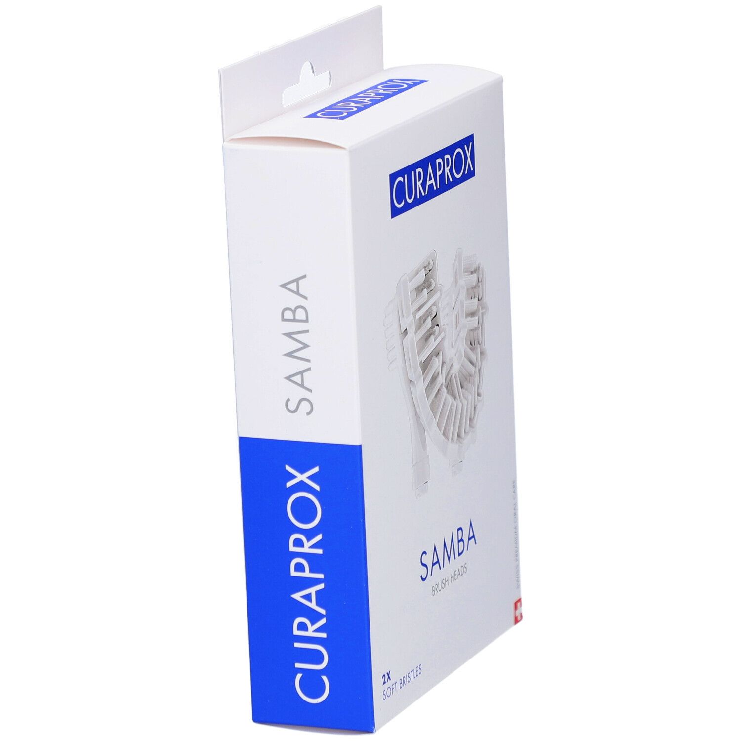Verpackung mit Ersatzbürstenköpfen. Aufschrift: CURAPROX, SAMBA, 2x Soft Bristles.