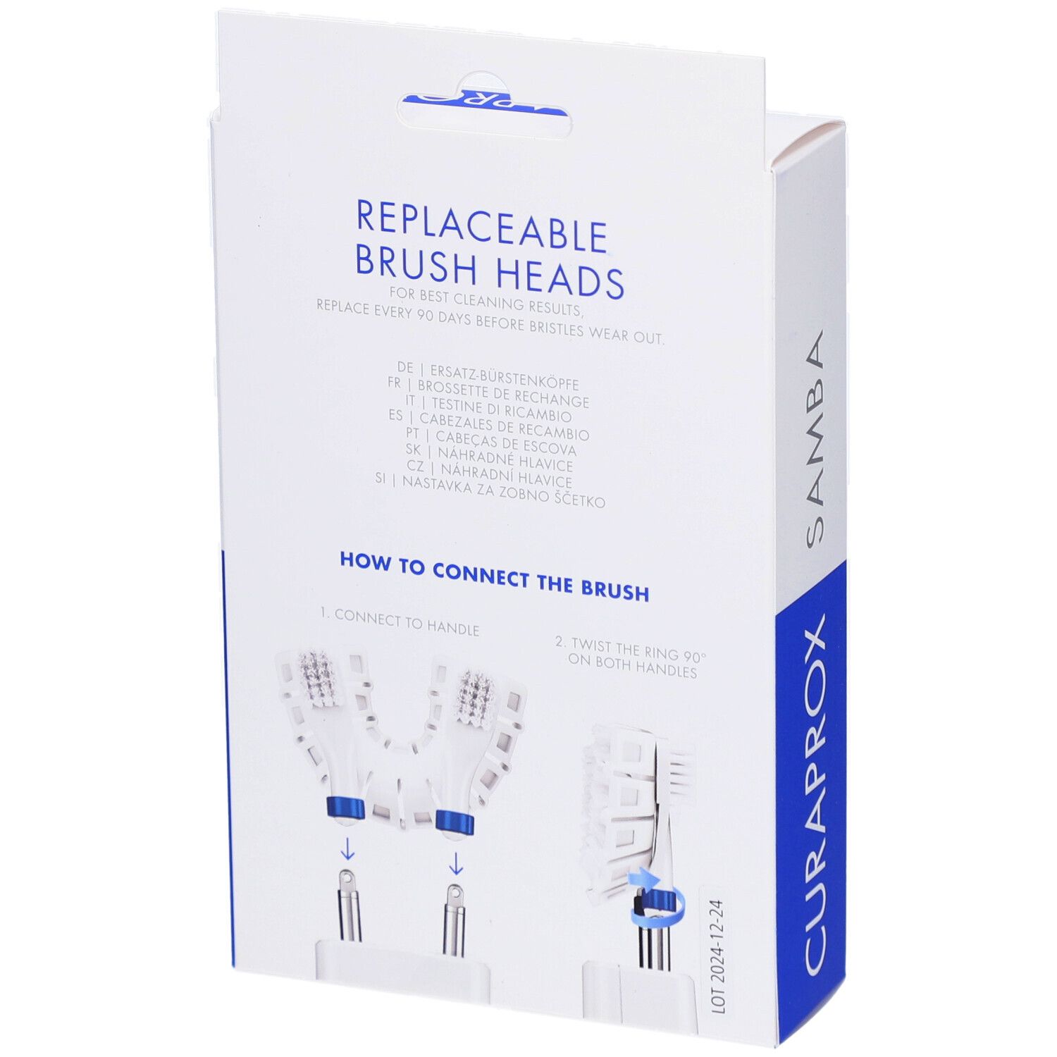 Rückseite der Verpackung mit Anweisungen. Aufschrift: REPLACEABLE BRUSH HEADS, SAMBA, CURAPROX.
