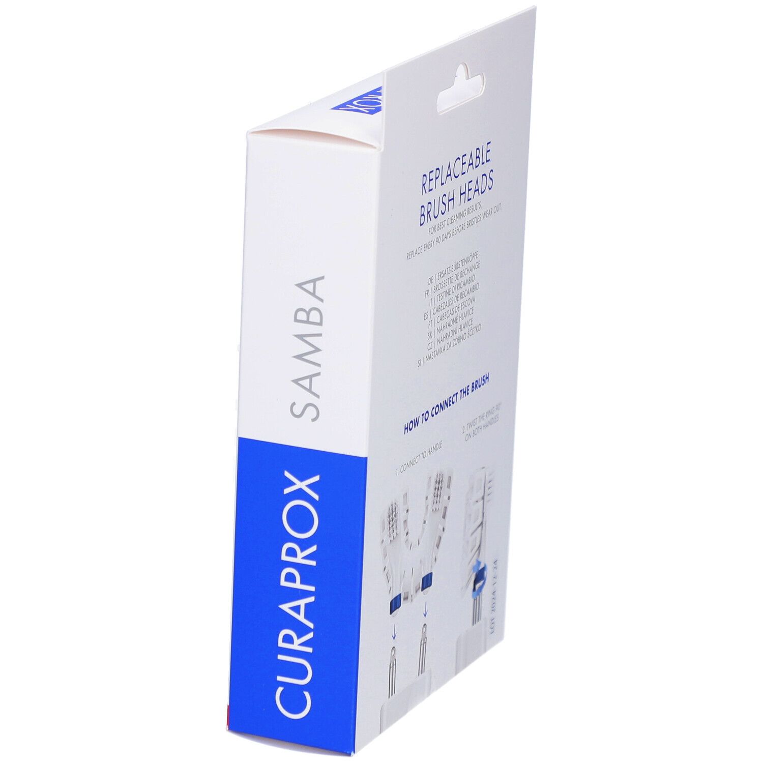 Seitenansicht der Verpackung. Aufschrift: CURAPROX, SAMBA, REPLACEABLE BRUSH HEADS.