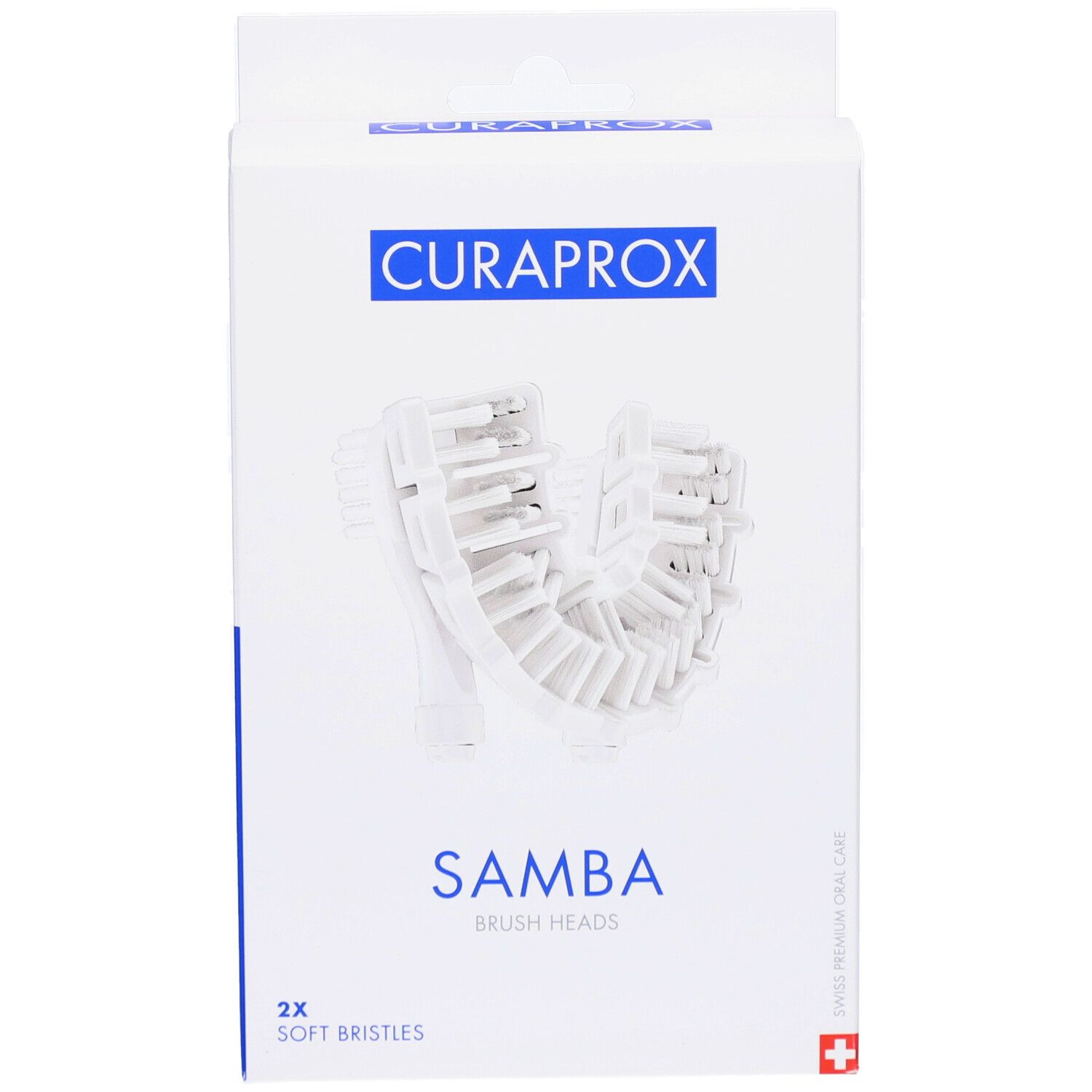 Verpackung mit Ersatzbürstenköpfen. Aufschrift: CURAPROX, SAMBA, 2x Soft Bristles.